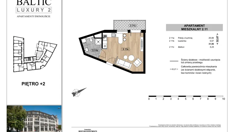 Rzut - Mieszkanie na sprzedaż 1 pokój o powierzchni 31,56 m² - numer 2.11 w Baltic Luxury 2