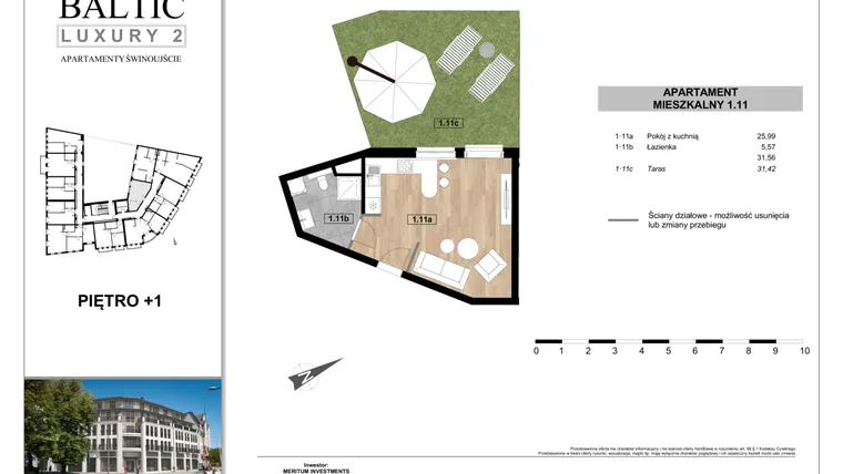 Rzut - Mieszkanie na sprzedaż 1 pokój o powierzchni 31,56 m² - numer 1.11 w Baltic Luxury 2