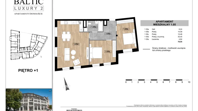 Rzut - Mieszkanie na sprzedaż 3 pokoje o powierzchni 78,05 m² - numer 1.05 w Baltic Luxury 2
