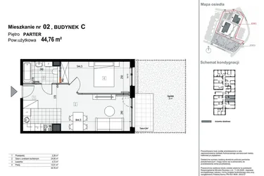 Rzut - Mieszkanie na sprzedaż 2 pokoje o powierzchni 44,76 m² - numer C2 w Apartamenty Kopernika