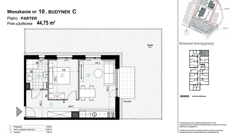 Rzut - Mieszkanie na sprzedaż 2 pokoje o powierzchni 44,75 m² - numer C10 w Apartamenty Kopernika