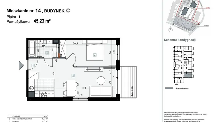 Rzut - Mieszkanie na sprzedaż 2 pokoje o powierzchni 45,23 m² - numer C14 w Apartamenty Kopernika