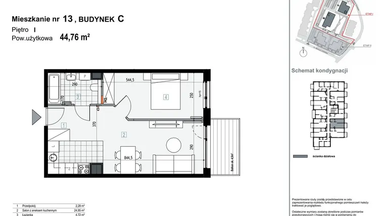 Rzut - Mieszkanie na sprzedaż 2 pokoje o powierzchni 44,76 m² - numer C13 w Apartamenty Kopernika