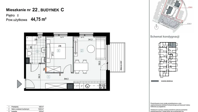Rzut - Mieszkanie na sprzedaż 2 pokoje o powierzchni 44,75 m² - numer C22 w Apartamenty Kopernika