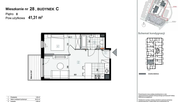 Rzut - Mieszkanie na sprzedaż 2 pokoje o powierzchni 41,31 m² - numer C28 w Apartamenty Kopernika