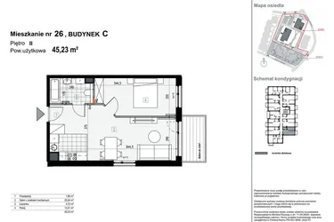 Rzut - Mieszkanie na sprzedaż 2 pokoje o powierzchni 45,23 m² - numer C26 w Apartamenty Kopernika