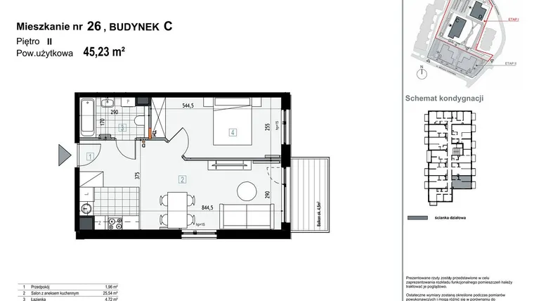 Rzut - Mieszkanie na sprzedaż 2 pokoje o powierzchni 45,23 m² - numer C26 w Apartamenty Kopernika