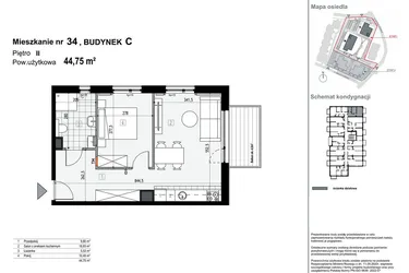 Rzut - Mieszkanie na sprzedaż 2 pokoje o powierzchni 44,75 m² - numer C34 w Apartamenty Kopernika