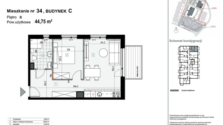 Rzut - Mieszkanie na sprzedaż 2 pokoje o powierzchni 44,75 m² - numer C34 w Apartamenty Kopernika