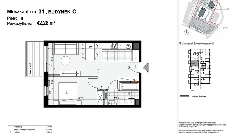 Rzut - Mieszkanie na sprzedaż 2 pokoje o powierzchni 42,28 m² - numer C31 w Apartamenty Kopernika