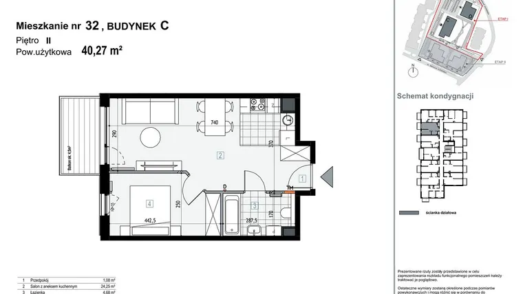 Rzut - Mieszkanie na sprzedaż 2 pokoje o powierzchni 40,27 m² - numer C32 w Apartamenty Kopernika