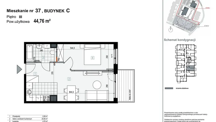 Rzut - Mieszkanie na sprzedaż 2 pokoje o powierzchni 44,76 m² - numer C37 w Apartamenty Kopernika
