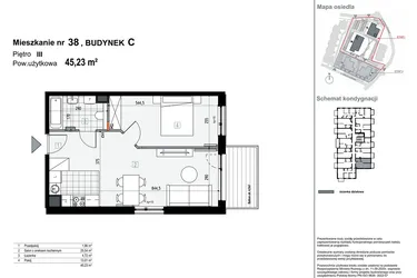 Rzut - Mieszkanie na sprzedaż 2 pokoje o powierzchni 45,23 m² - numer C38 w Apartamenty Kopernika