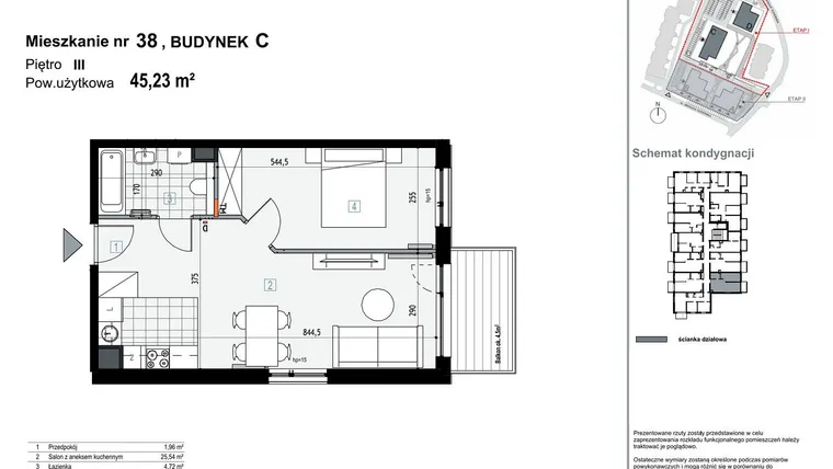 Rzut - Mieszkanie na sprzedaż 2 pokoje o powierzchni 45,23 m² - numer C38 w Apartamenty Kopernika