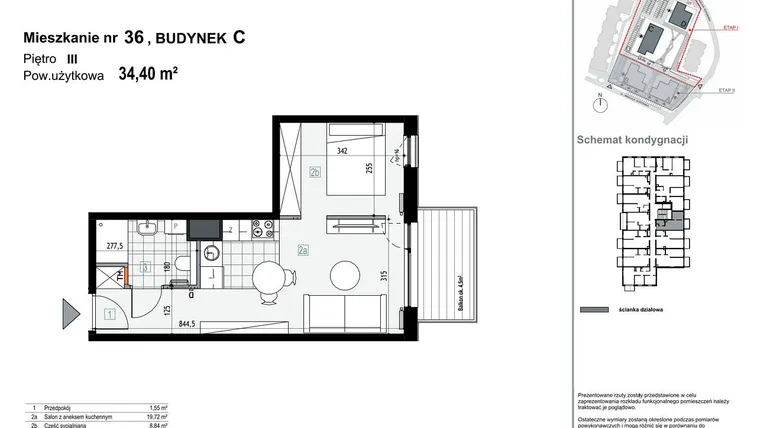 Rzut - Mieszkanie na sprzedaż 1 pokój o powierzchni 34,4 m² - numer C36 w Apartamenty Kopernika