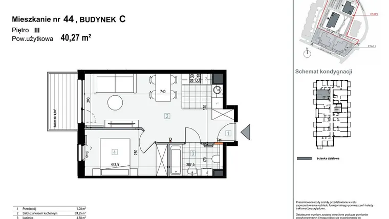 Rzut - Mieszkanie na sprzedaż 2 pokoje o powierzchni 40,27 m² - numer C44 w Apartamenty Kopernika