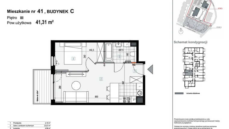 Rzut - Mieszkanie na sprzedaż 2 pokoje o powierzchni 41,31 m² - numer C41 w Apartamenty Kopernika