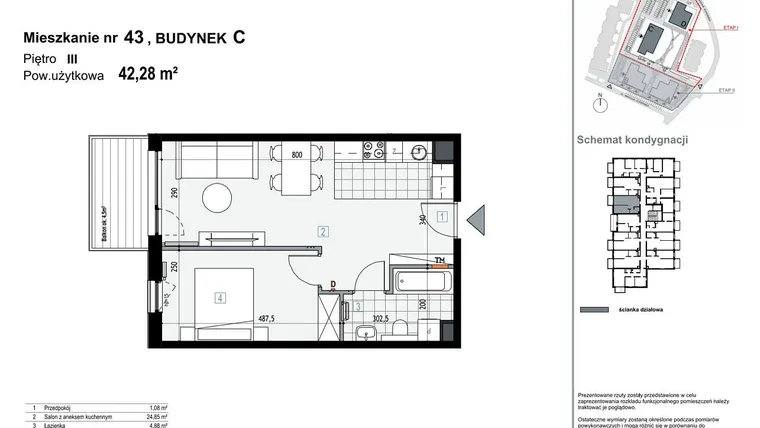Rzut - Mieszkanie na sprzedaż 2 pokoje o powierzchni 42,28 m² - numer C43 w Apartamenty Kopernika