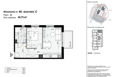 Rzut - Mieszkanie na sprzedaż 2 pokoje o powierzchni 44,75 m² - numer C46 w Apartamenty Kopernika