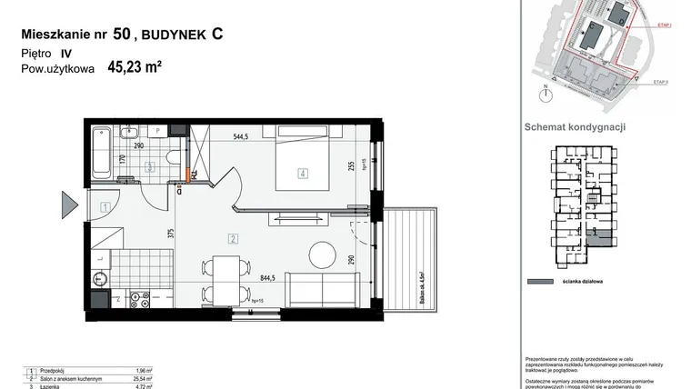 Rzut - Mieszkanie na sprzedaż 2 pokoje o powierzchni 45,23 m² - numer C50 w Apartamenty Kopernika