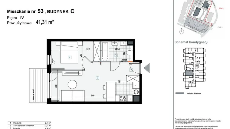 Rzut - Mieszkanie na sprzedaż 2 pokoje o powierzchni 41,31 m² - numer C53 w Apartamenty Kopernika