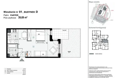 Rzut - Mieszkanie na sprzedaż 1 pokój o powierzchni 39,67 m² - numer D1 w Apartamenty Kopernika