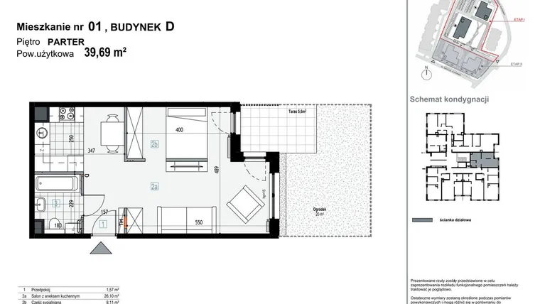 Rzut - Mieszkanie na sprzedaż 1 pokój o powierzchni 39,67 m² - numer D1 w Apartamenty Kopernika