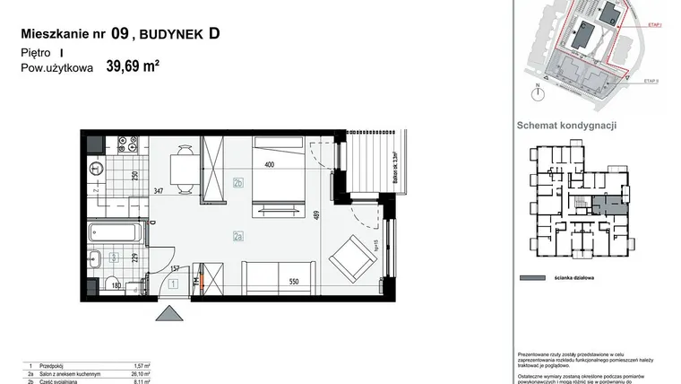 Rzut - Mieszkanie na sprzedaż 1 pokój o powierzchni 39,67 m² - numer D9 w Apartamenty Kopernika