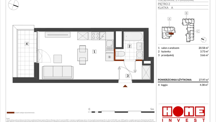Rzut - Mieszkanie na sprzedaż 1 pokój o powierzchni 27,97 m² - numer B2-A015 w Warszawski Świt etap IX