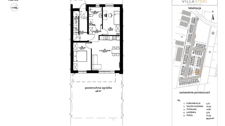 Rzut - Mieszkanie na sprzedaż 3 pokoje o powierzchni 50,72 m² - numer M3 w Villa Stoki (mieszkania)