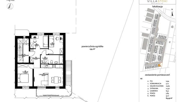 Rzut - Mieszkanie na sprzedaż 4 pokoje o powierzchni 63,55 m² - numer N8 w Villa Stoki (mieszkania)