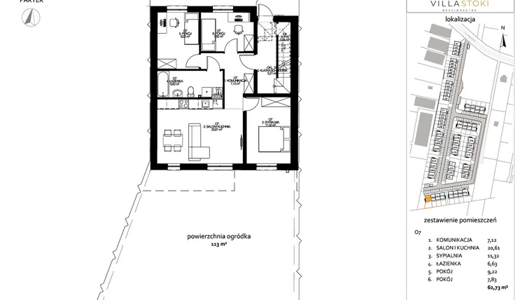 Rzut - Mieszkanie na sprzedaż 4 pokoje o powierzchni 62,73 m² - numer O7 w Villa Stoki (mieszkania)