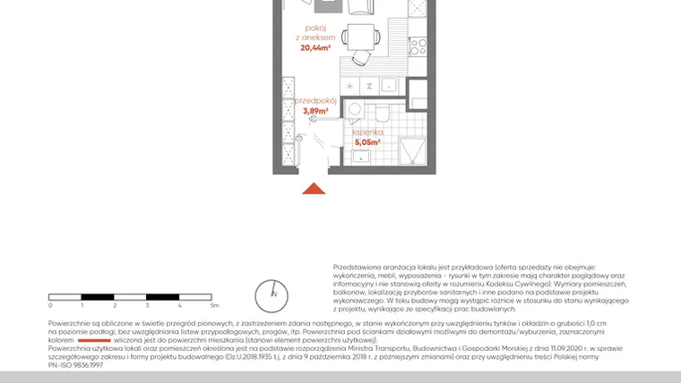 Rzut - Mieszkanie na sprzedaż 1 pokój o powierzchni 29,38 m² - numer F.01.09 w Pierwsza Dzielnica - etap III