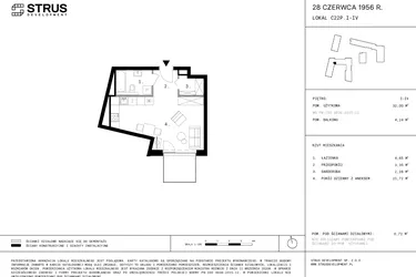 Rzut - Mieszkanie na sprzedaż 1 pokój o powierzchni 31,81 m² - numer 202 w 28 czerwca 1956 r.