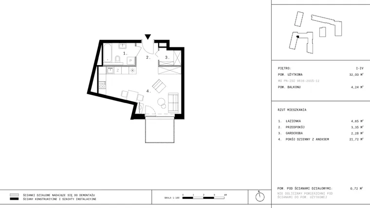 Rzut - Mieszkanie na sprzedaż 1 pokój o powierzchni 31,82 m² - numer 193 w 28 czerwca 1956 r.