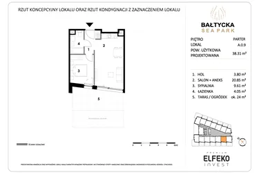 Rzut - Mieszkanie na sprzedaż 2 pokoje o powierzchni 38,31 m² - numer A.0.9 w Bałtycka Sea Park
