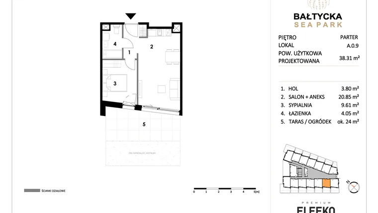 Rzut - Mieszkanie na sprzedaż 2 pokoje o powierzchni 38,31 m² - numer A.0.9 w Bałtycka Sea Park