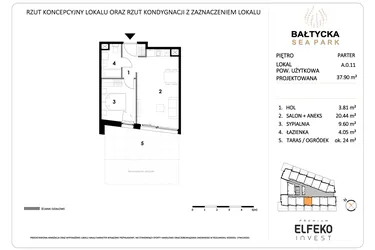Rzut - Mieszkanie na sprzedaż 2 pokoje o powierzchni 37,9 m² - numer A.0.11 w Bałtycka Sea Park