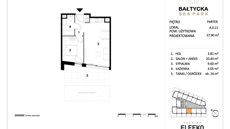 Rzut - Mieszkanie na sprzedaż 2 pokoje o powierzchni 37,9 m² - numer A.0.11 w Bałtycka Sea Park