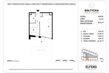 Rzut - Mieszkanie na sprzedaż 2 pokoje o powierzchni 38,95 m² - numer A.0.12 w Bałtycka Sea Park