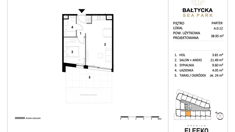 Rzut - Mieszkanie na sprzedaż 2 pokoje o powierzchni 38,95 m² - numer A.0.12 w Bałtycka Sea Park