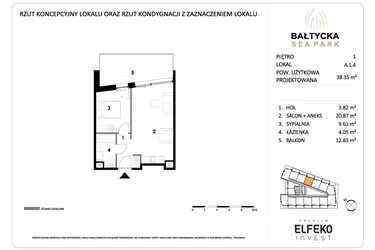 Rzut - Mieszkanie na sprzedaż 2 pokoje o powierzchni 38,35 m² - numer A.1.4 w Bałtycka Sea Park
