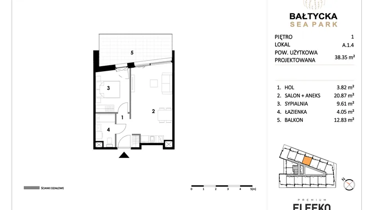 Rzut - Mieszkanie na sprzedaż 2 pokoje o powierzchni 38,35 m² - numer A.1.4 w Bałtycka Sea Park