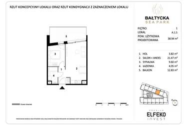 Rzut - Mieszkanie na sprzedaż 2 pokoje o powierzchni 38,94 m² - numer A.1.5 w Bałtycka Sea Park