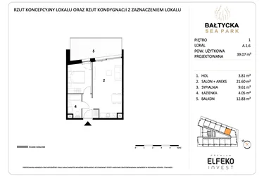 Rzut - Mieszkanie na sprzedaż 2 pokoje o powierzchni 39,07 m² - numer A.1.6 w Bałtycka Sea Park