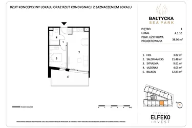 Rzut - Mieszkanie na sprzedaż 2 pokoje o powierzchni 38,96 m² - numer A.1.10 w Bałtycka Sea Park