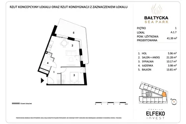 Rzut - Mieszkanie na sprzedaż 2 pokoje o powierzchni 41,39 m² - numer A.1.7 w Bałtycka Sea Park