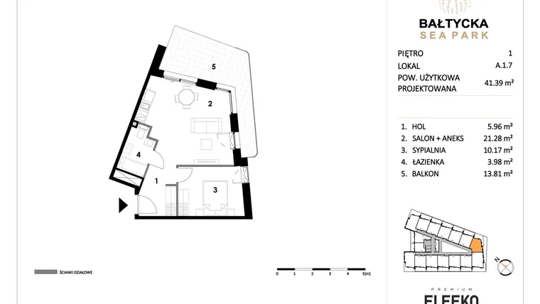 Rzut - Mieszkanie na sprzedaż 2 pokoje o powierzchni 41,39 m² - numer A.1.7 w Bałtycka Sea Park