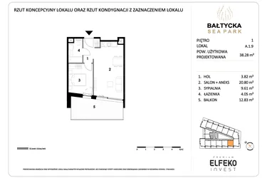Rzut - Mieszkanie na sprzedaż 2 pokoje o powierzchni 38,28 m² - numer A.1.9 w Bałtycka Sea Park