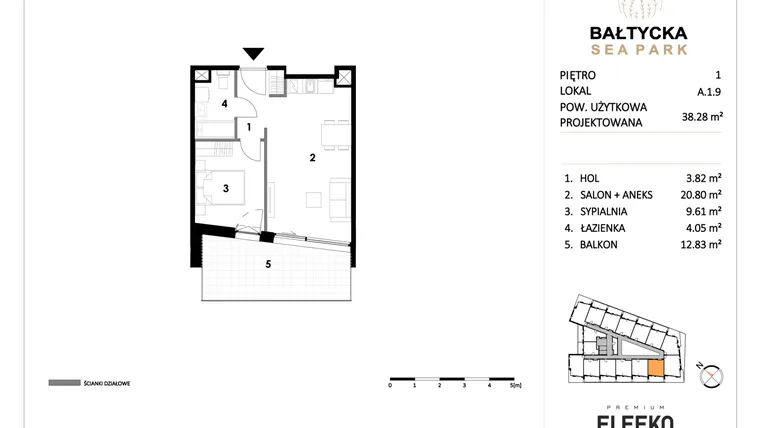 Rzut - Mieszkanie na sprzedaż 2 pokoje o powierzchni 38,28 m² - numer A.1.9 w Bałtycka Sea Park